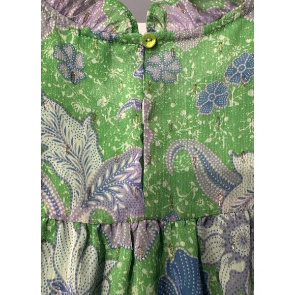 Joie Floral Print Cap Sleeve Blouse Size Large Ruffle Trim Green Lavender Boho - Picture 6 of 9